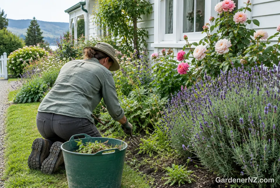 A gardener weeding a flower border with roses and lavender