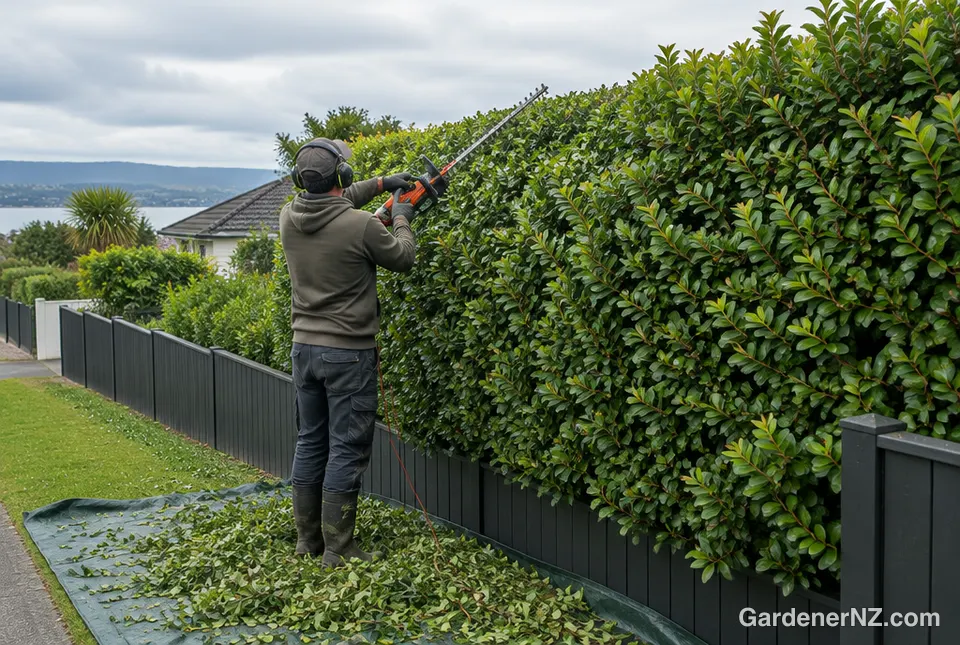 A gardener trimming a tall hedge along a front fence, clippings on a tarp
