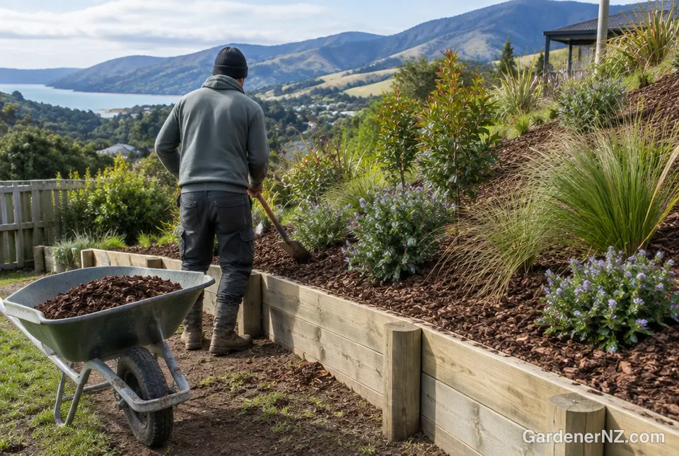 A landscaper building a timber retaining wall with bark mulch and native plants on a sloping section