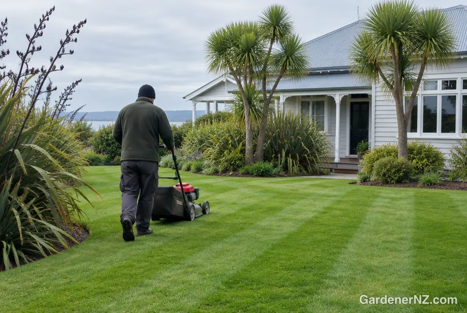 A gardener mowing neat stripes into a green lawn in front of a weatherboard house